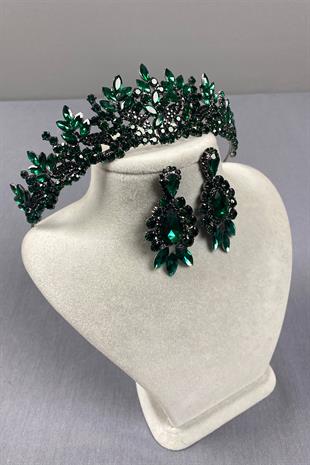Green Belur Bridal Henna Crown and Drop Shuttle Stone Earring Set