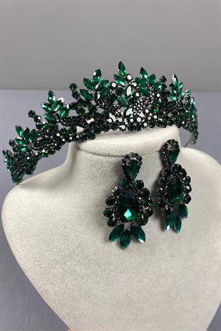 Green Belur Bridal Henna Crown and Drop Shuttle Stone Earring Set
