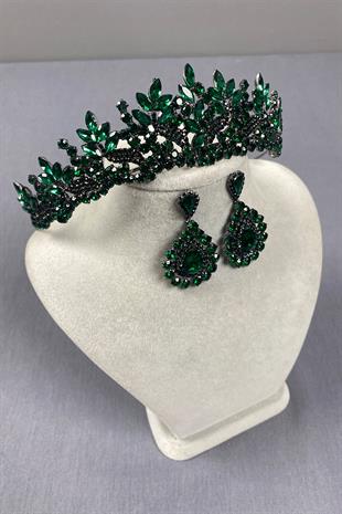 Green Belur Bridal Henna Crown and Drop Stone Earring Set