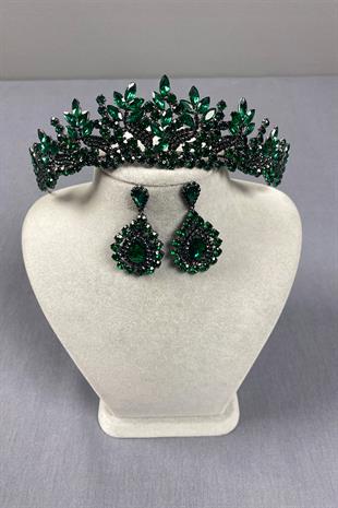Green Belur Bridal Henna Crown and Drop Stone Earring Set