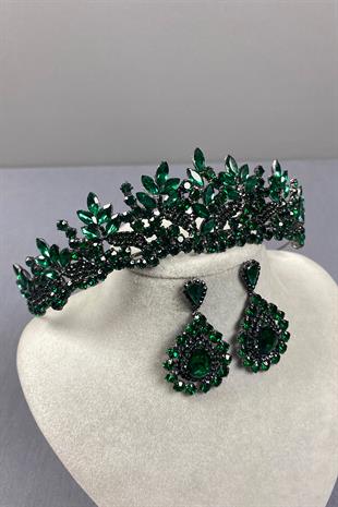 Green Belur Bridal Henna Crown and Drop Stone Earring Set
