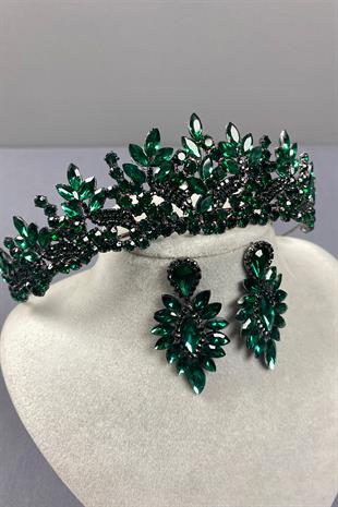 Green Belur Bridal Henna Crown and Shuttle Stone Earring Set