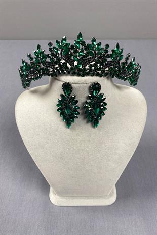Green Belur Bridal Henna Crown and Shuttle Stone Earring Set