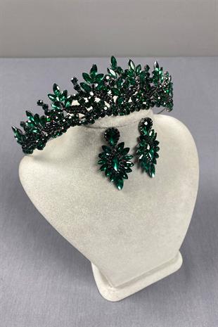 Green Belur Bridal Henna Crown and Shuttle Stone Earring Set