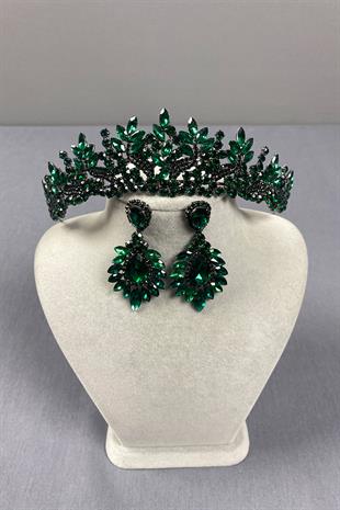 Green Belur Bridal Henna Crown and Shuttle Earring Set