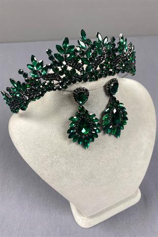 Green Belur Bridal Henna Crown and Shuttle Earring Set