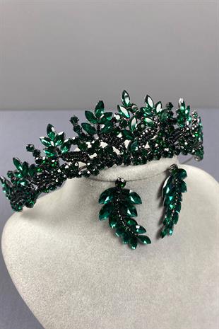 Green Belur Bridal Henna Crown and Leaf Earring Set