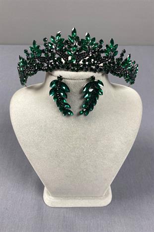 Green Belur Bridal Henna Crown and Leaf Earring Set