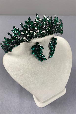 Green Belur Bridal Henna Crown and Leaf Earring Set