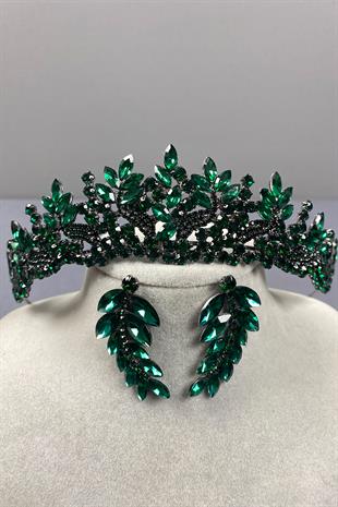 Green Belur Bridal Henna Crown and Leaf Earring Set