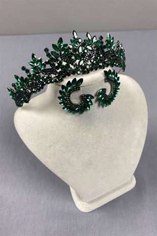 Green Belur Bridal Henna Crown And Round Earring Set