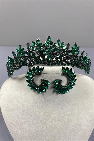 Green Belur Bridal Henna Crown And Round Earring Set
