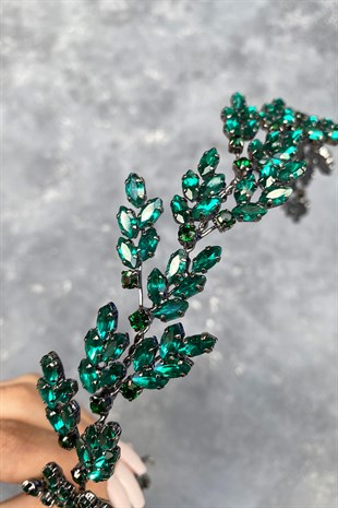 Green Beryl Leaf Motif Bridal Henna Crown Hair Accessory