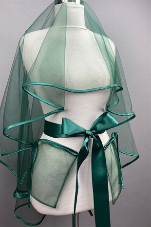 Yeşil Biyeli Gelin Duvağı Kına Yüz Örtüsü