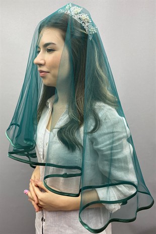 Yeşil Biyeli Gelin Duvağı Yüz Örtüsü