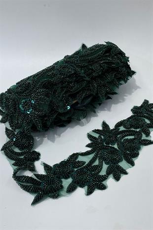 Yeşil Boncuk İşlemeli Çiçek Desen Geniş Şerit Aplik 1 Metre