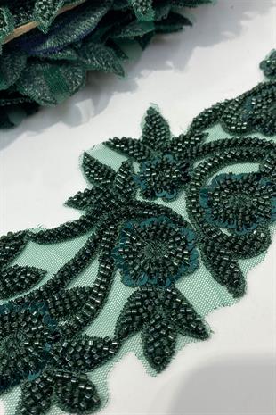 Yeşil Boncuk İşlemeli Çiçek Desen Geniş Şerit Aplik 1 Metre