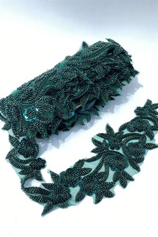 Yeşil Boncuk İşlemeli Çiçek Desen Geniş Şerit Aplik 1 Metre