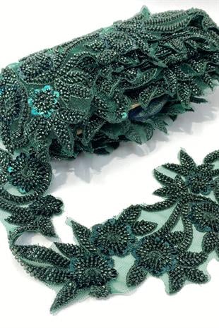 Yeşil Boncuk İşlemeli Çiçek Desen Geniş Şerit Aplik 1 Metre