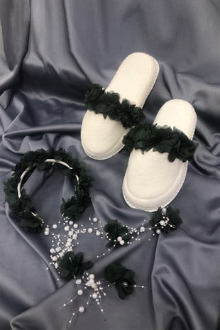 Green Floral Postpartum Slippers and Crown with Pearls