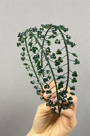 Yeşil Çift Sıralı Leva Kristal Boncuklu Gelin Kına Tacı