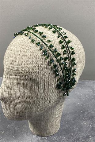 Yeşil Çift Sıralı Leva Kristal Boncuklu Gelin Kına Tacı