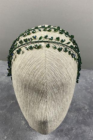 Yeşil Çift Sıralı Leva Kristal Boncuklu Gelin Kına Tacı