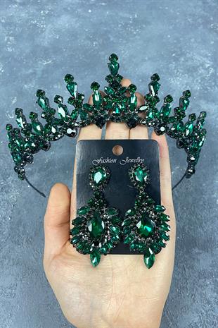 Green Cooker Bridal Henna Tiara and Shuttle Stone Evening Dress Earrings