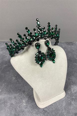 Green Cooker Bridal Henna Tiara and Shuttle Stone Evening Dress Earrings