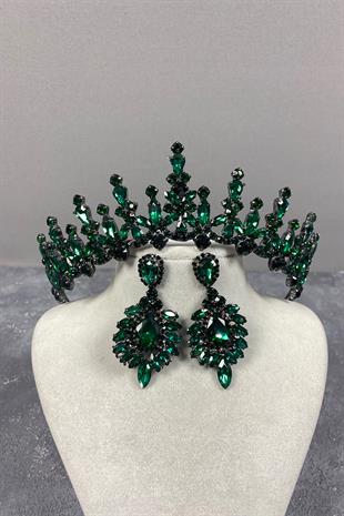 Green Cooker Bridal Henna Tiara and Shuttle Stone Evening Dress Earrings