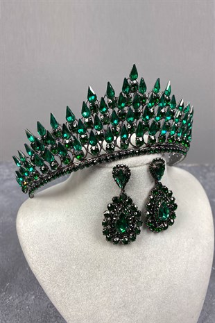 Green Drop 3D Bridal Henna Crown And Drop Earrings Set