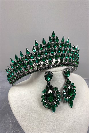 Green Drop 3D Bridal Henna Crown And Stud Earring Set