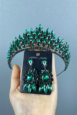 Green Drop 3D Bridal Henna Tiara and Evening Dress Earrings Set