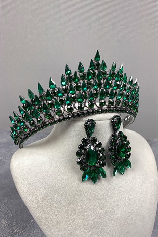 Green Drop 3D Bridal Henna Tiara and Evening Dress Earrings Set