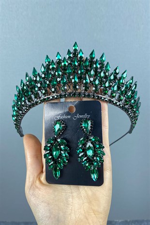 Green Drop 3D Bridal Henna Crown And Stone Earring Set