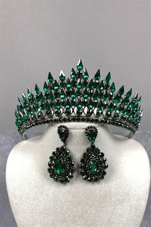 Green Drop 3D Bridal Henna Crown And Drop Earrings Set