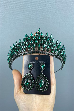 Green Drop 3D Bridal Henna Crown And Drop Earrings Set