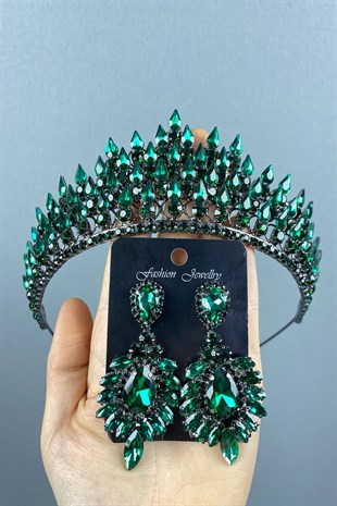 Green Drop 3D Bridal Henna Crown And Stud Earring Set