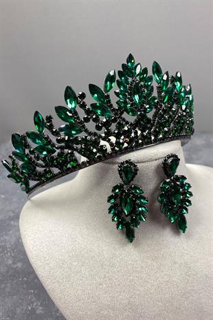Green Danver Stone Bridal Henna Crown And Earring Set