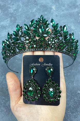 Green Danver Stone Bridal Henna Tiara and Stud Earrings Set