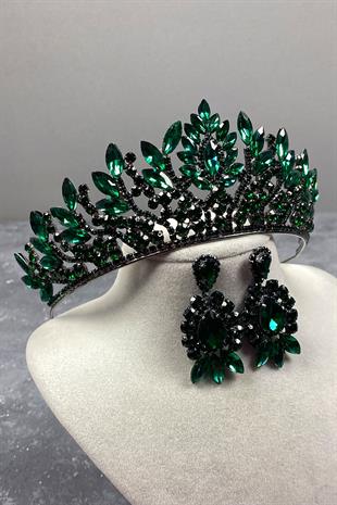 Yeşil Danver Taşlı Gelin Kına Tacı Ve Abiye Küpe Seti