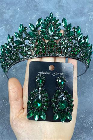 Yeşil Danver Taşlı Gelin Kına Tacı Ve Abiye Küpe Seti