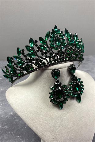 Green Danver Stone Bridal Henna Crown And Earring Set