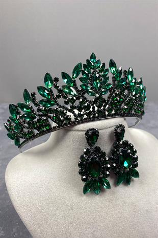 Yeşil Danver Taşlı Gelin Kına Tacı Ve Abiye Küpe Seti