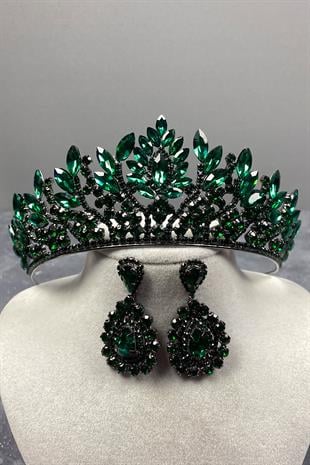 Green Danver Stone Bridal Henna Tiara and Stud Earrings Set