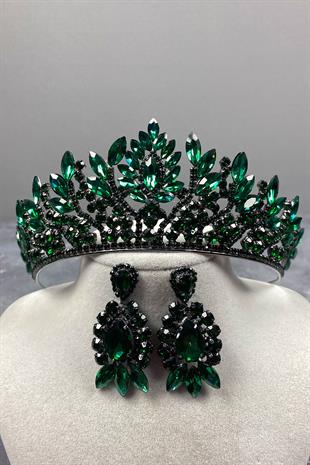 Yeşil Danver Taşlı Gelin Kına Tacı Ve Abiye Küpe Seti