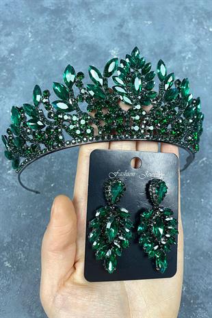 Green Danver Stone Bridal Henna Crown And Earring Set