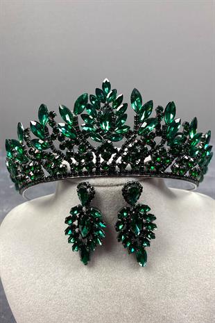 Green Danver Stone Bridal Henna Crown And Earring Set