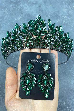Green Danver Stone Bridal Henna Crown And Earring Set