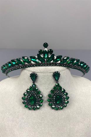 Green Ece Bridal Henna Crown and Almond Shuttle Stone Earring Set